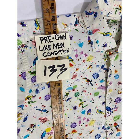 Alan Flusser Button-Up Shirt Men’s Size Large Short Sleeve Bird Print Cotton - Picture 3 of 8